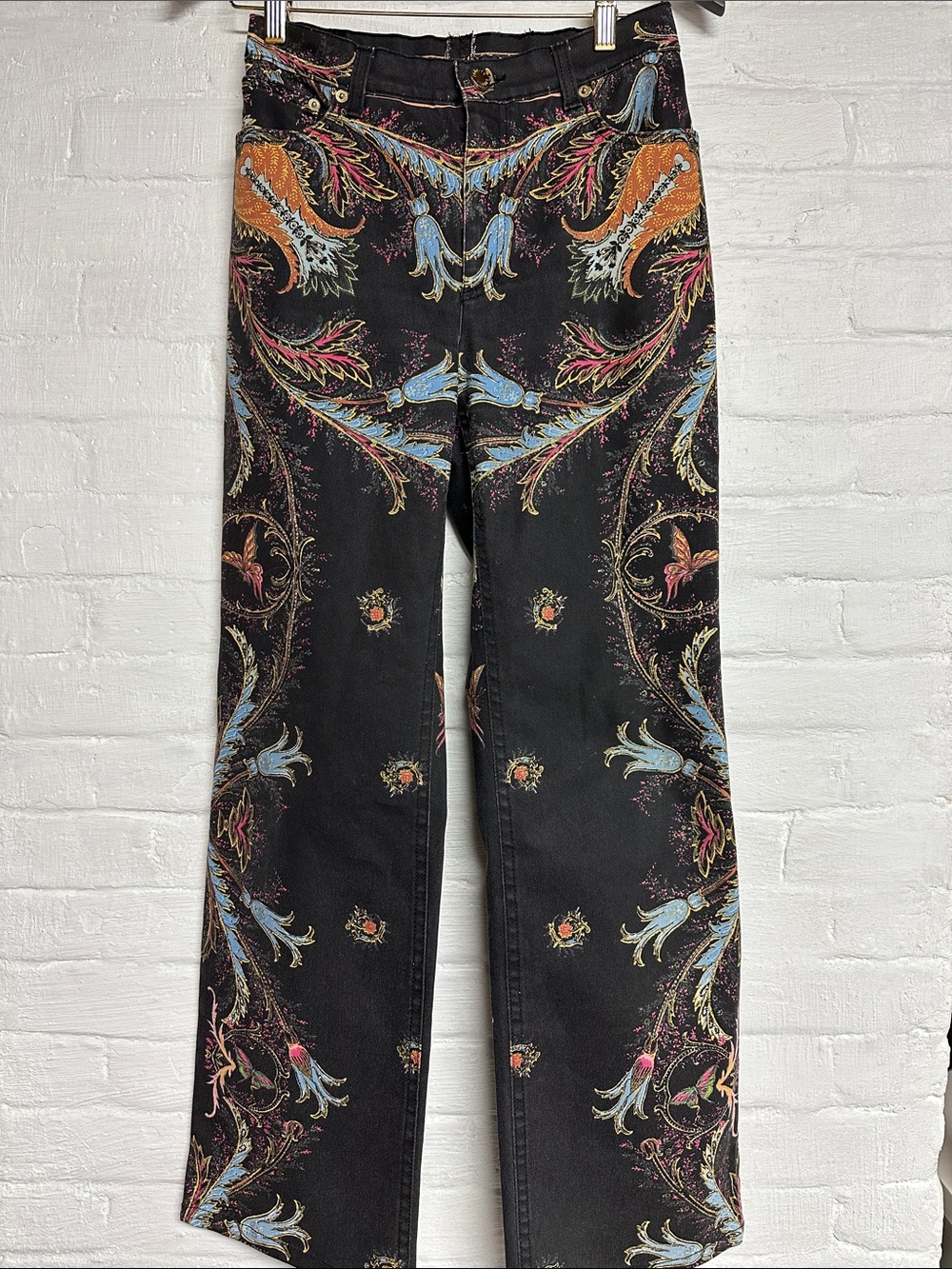 Roberto Cavalli Black Paisley Jeans with Multicolor Scroll Print size L Y2K